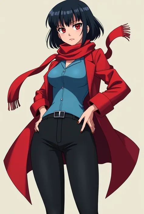 Create a 2d anime style animated girl with a big ass that has a red scarf with a blue polo shirt and black pants with a red coat with red eyes and a serious look and with black hair that is 1