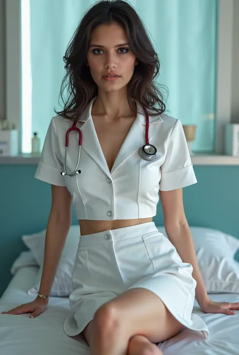 Hyper realistic 30 year old beautiful woman with wavy hair, medium breasts, small waist, wide hips and thick legs dressed as a sexy nurse, sitting on a stretcher