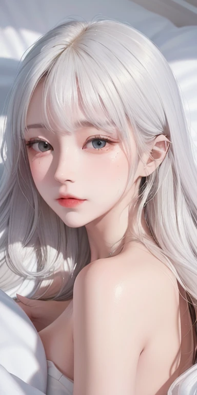 masterpiece, high quality, Super Detail, 8K, Detailed lighting, Detailed shadows, Raw, (Delicate skin), (True: 1.2),, 1 Nordic Girl, Face, (), White hair, Sleep in a comfortable bed, Evening Dress