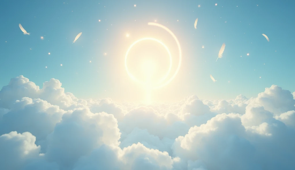 A serene and ethereal sky in widescreen format with soft, diffused light. The sky features a gentle gradient of blues and whites, fading harmoniously into one another. At the center, a radiant golden or silver halo symbolizes a celestial connection. Delica...