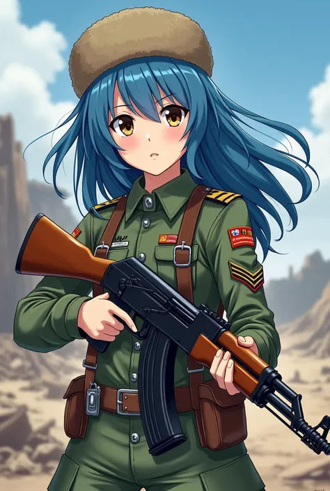 Make me an anime style drawing, of a girl with blue hair, brown eyes, have an ushanka hat, She is dressed in a military uniform and is holding an AK-47.