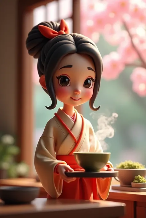 digital art, Cinematic composition, stop movement, clay animation, Miniature, a cute young woman wearing a kimono holding a tray with a cup of matcha tea, smiling she has beautiful big eyes, pink cheek tone, she has a short ponytail with a big red ribbon, ...