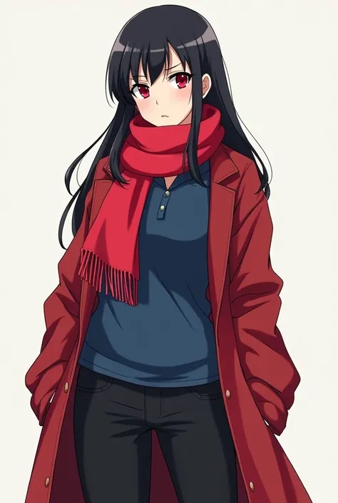 Create a 2d anime style animated girl with a semi-big ass that has a red scarf with a normal blue polo shirt and black pants with a red coat with red eyes and a serious look and with black hair that is 1