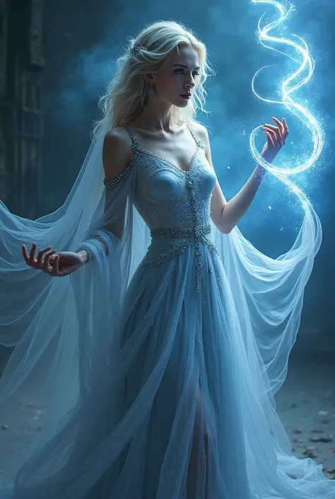 A beautiful young tall woman with beautiful face, She was a goddess of Devil, she was wearing a diamonds blue and white combo, she can do magic with her own hands , she was holding a robe, robe become a magic Whip 