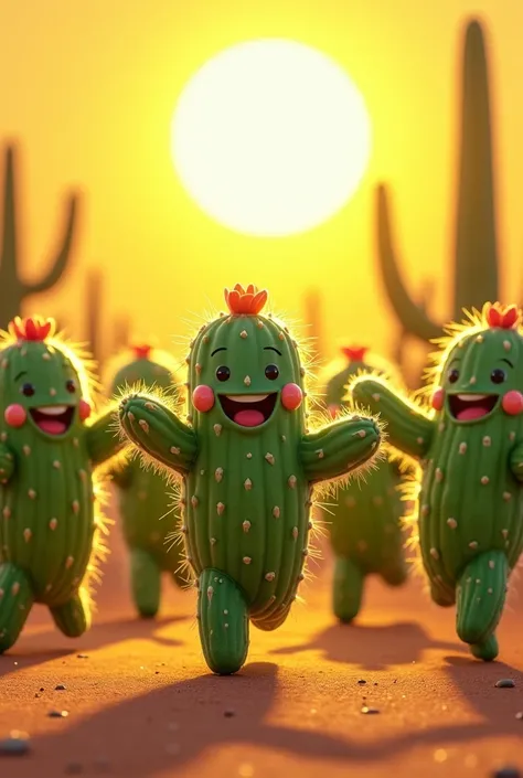 Image détaillée ensoleillée et réaliste mais humoristique dun ballet de cactus qui dansent en rigolant. Ils sont beaucoup et ont les yeux pleins de joie et sourient beaucoup parce quils samusent bien