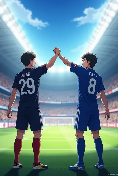 Rear view of two soccer players , one with the name Dilan with the number 29 wearing the anime version of the Japan jersey and the other with the name Dilan with the number 8 wearing the blue France uniform in a stadium fist bumping