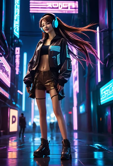 1girl, Solo, FULL body, Long Hair, High Resolution, Masterpiece, Best Quality, Detail, Brown Hair, Shiny Hair,  Flowing hairFang, Grin, Smirk, From Below, Perspective, Headphones, Cyber Punk, Cyberpunk aesthetic, Cyberpunk City background, Hard lighting, n...