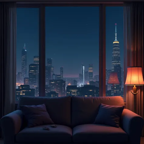 Cozy Urban Night Scene with Cityscape and Couch