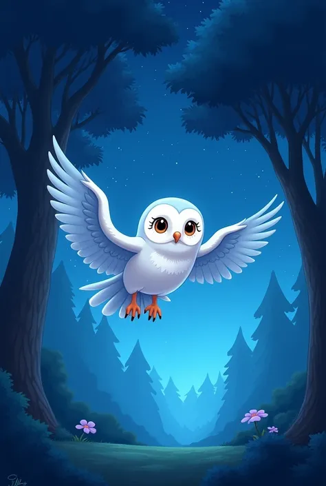 cartoon style: a forest under a starry sky with a white and blue owl flying