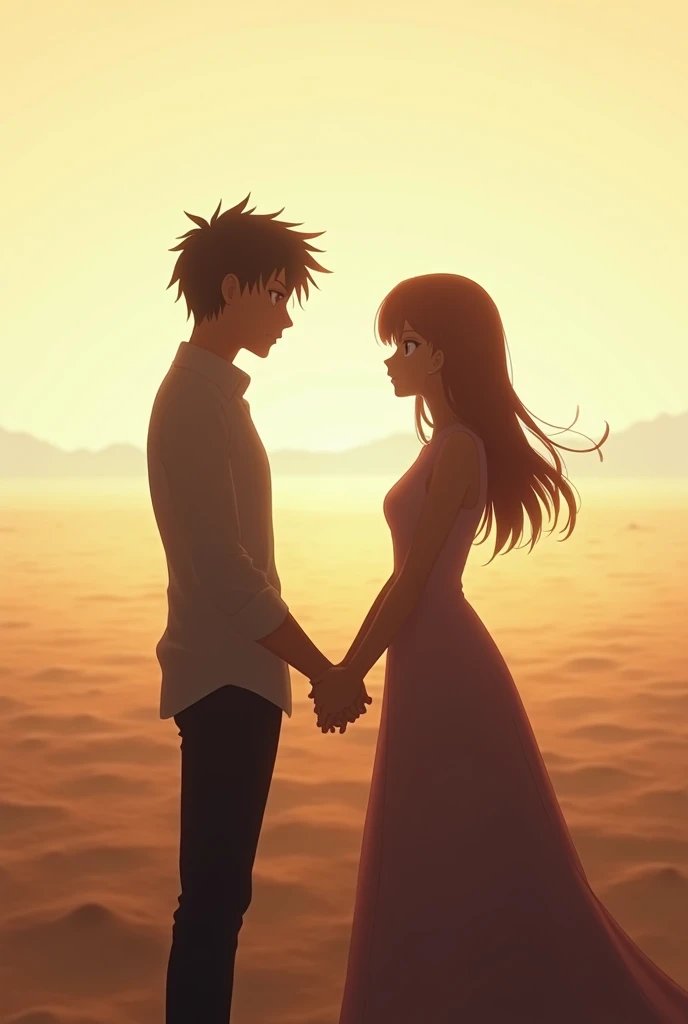 Silhouette of anime characters man and woman holding hands in the desert