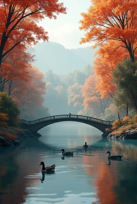 Autumn trees with huge lake with ducks suspension bridge  