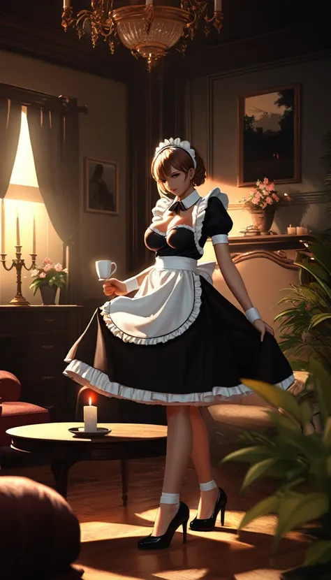 25year Wowen with ((erected penis: 1.2)), (french maid dusting furniture: 1.4), rich english manor living room, French Maid dress, (Penis peaks out of the skirt:1.4), high heels, with cup b breasts, in warm lighting, highly detailed, 8k, realistic lighting...