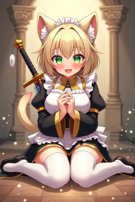 A light-skinned anime girl with a huge, overly large bust, with short beige hair and medium lime green eyes with a shine, that has maid-servant attire with gold finishes, that has big black sleeves, that she has white thigh-high stockings, that wears fluff...