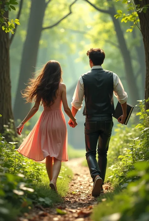 Two 18 year old girls in a spring forest while the girl has a pink dress long brown hair and beautiful brown eyes and a boy with black leather pants a white shirt and a black leather vest while they hold hands and the boy holds a book with his free hand wi...