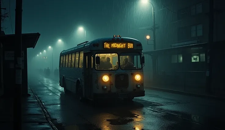 Background:

A dark, rainy urban setting featuring a nearly empty bus stop under dim streetlights.

Subtle fog or mist to enhance the eerie atmosphere.



2. Foreground:

An old, rusted bus, with a focus on its headlights flickering and doors slightly ajar...