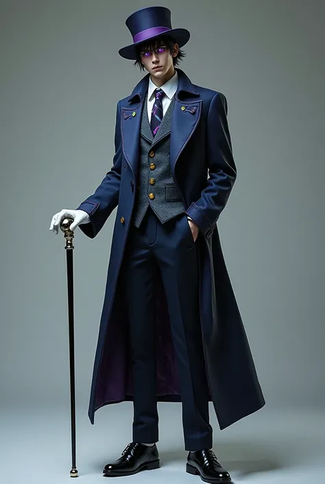 Hyperrealistic full body of tall boy, with short, straight, somewhat disheveled black hair, with sharp and refined features, with eyes that flash a purple light, with a not so long penguin style suit with a bit of dark blue and purple color, White shirt, d...