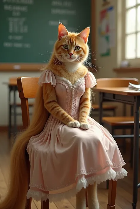 Make a cat wearing rapunzel clothes and same hair . Make her sitting on a chair in a class