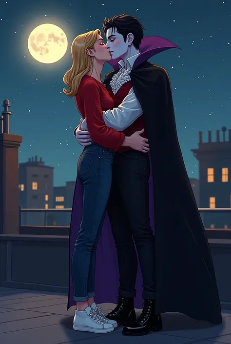  There are two men. a blond man, blue-eyed, wearing a red blouse, jeans and sneakers, is standing on a roof, kissing another boy with black hair and pale skin. The second man is dressed in classic vampire garb., a black cover with purple interior, white sh...