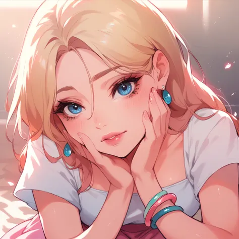 POV Blonde girl, blue eyes, pink lips, soft makeup, wears a pastel pink skirt a little above the knees and a white blouse, wears earrings and bracelets on his hands.