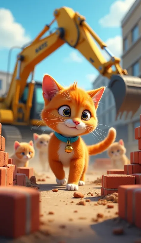 A Close Call
As Whiskers leads the kittens through the site, they encounter a large excavator moving toward them. Whiskers acts fast, quickly guiding the kittens into a small gap between two piles of bricks, just barely avoiding the heavy machinery.

Image...