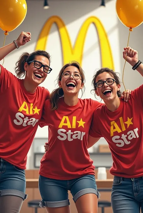 McDonald&#39;s employees celebrating with the All Star inscription on their shirts in realistic drawing 
