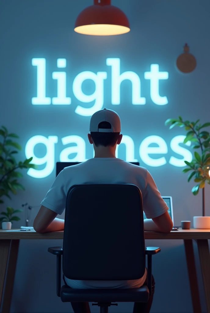 Makes 3D man sitting on computer with his back to the camera wearing a cap with a background of a room with light games written on the wall SD design 