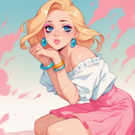 Blonde girl, blue eyes, pink lips, soft makeup, wears a pastel pink skirt a little above the knees and a white blouse, wears earrings and bracelets on his hands, 