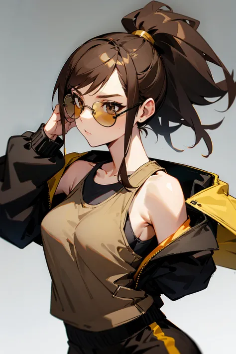 1female, ponytail, dark brown hair, brown eyes, black aviators, interested expression, black tank top, golden jacket, joggers