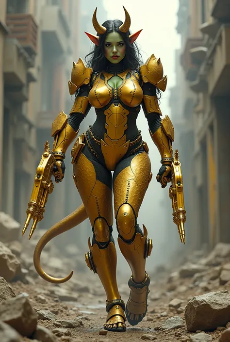 Busty female goblin RoboCop wearing golden dragon armor wielding gold dragon guns