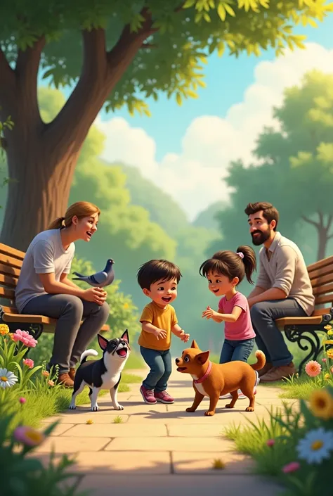 Two-year-old girl and three-year-old boy playing with two chihuahuas, one black and white and one brown in a garden. And a pigeon resting on a park bench. The father with black hair and a short beard, and the black-haired mother, They see how their childre...