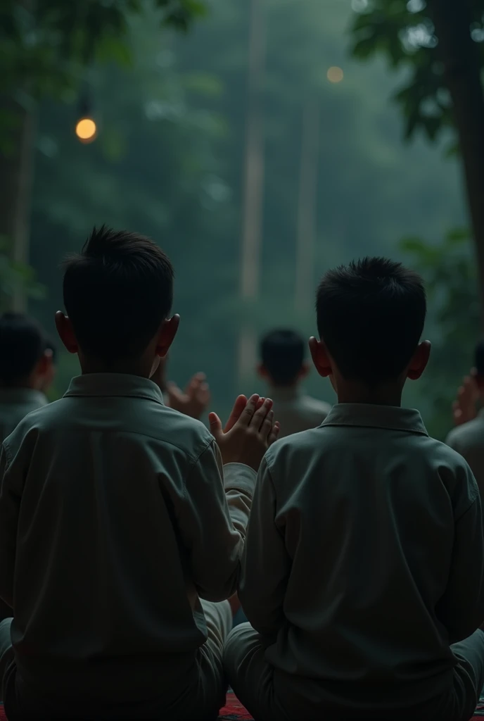 A muslim boys are praying, cinematic film, nature, dark background, quality photo, moist texture, frosting, shallow vignette, cinemascope, moody, epic, gorgeous, film grain, grainy