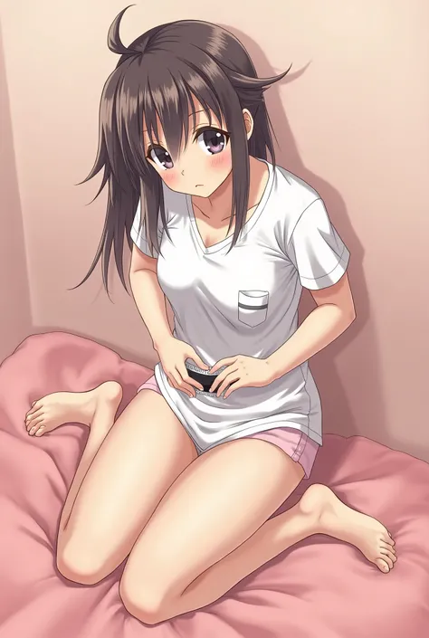 Anime girl sitting with her legs open showing her private parts while holding her panties 