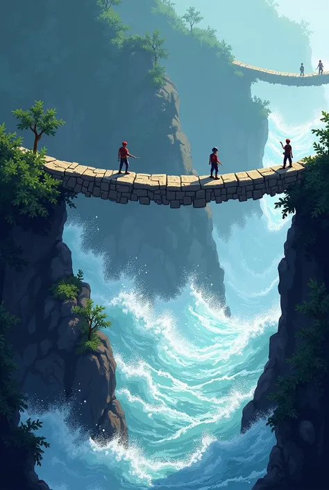 Path of stones suspended above a raging river with apprentices on it all in pixel game 