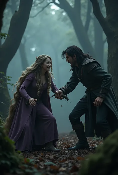 Characters: Mother Gothel, Flynn Rider
Shot: Medium shot, wide angle of action.
In a dark forest, Mother Gothel stabs Flynn in the side with a dagger as he tries to protect Rapunzel. Flynn grimaces in pain, clutching his wound as he collapses to the ground...