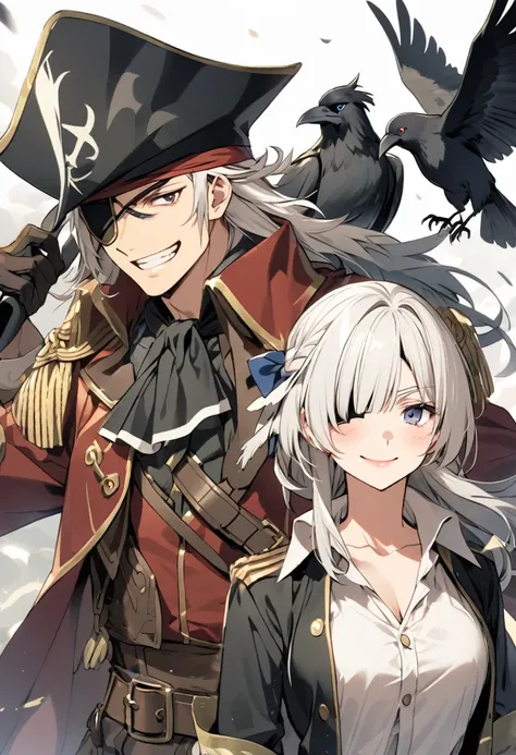 Adult pirate between 30 and 40 years old with white hair, left eye patch, hat and a crow on the shoulder