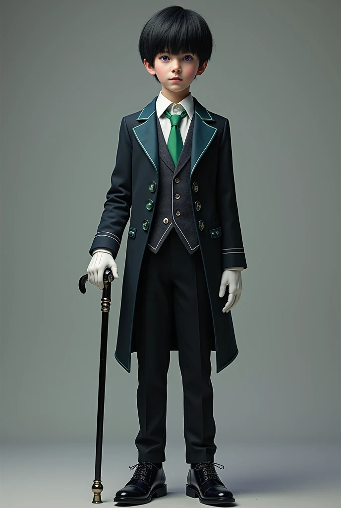 Hyperrealistic full body of a tall 2 boy, short straight black hair, with sharp and refined features but with a small air of innocence and empathy, with eyes that flash a purple light, with a white shirt with a green tie, dark dress shoes, Clothes with blu...