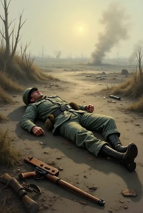 a painting of a soldier lying alone on a battlefield