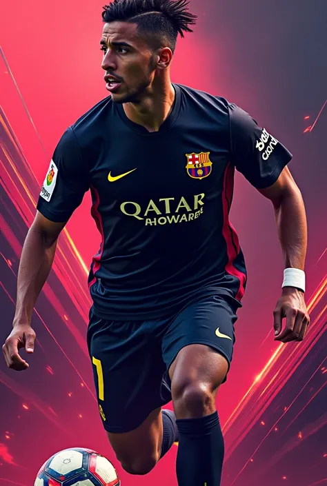 Make me a wallpaper of Raphinha, the Barca footballer, wearing the black Barcelona shirt from 2024 and 25