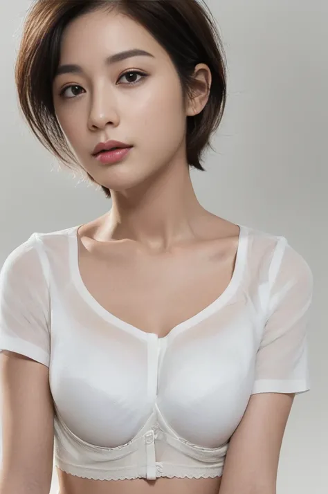 ((top-quality、8K、​masterpiece, perfect sexy Body Beauty:1.4、frontal view , front angle 、(Highlight Haircutreast B Cup:1.2), medium breast, round shape breast, perfect shape breast, ((  sexy , ((half-opened minimalist white shirt unbottoned expose breasts )...