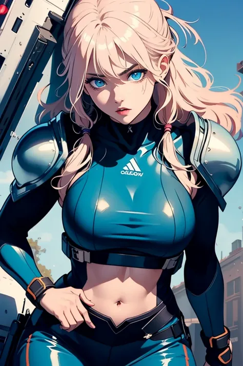 ((The highest quality)), ((masterpiece)), (be familiar with), (high definition), 8K, perfect face、pretty young woman with long pink hair, light blue eyes、((Tankの上に乗っている:1.2))、((Astride the turret)) Volumetric hairstyle、perspiration、big breasts、narrow waist...