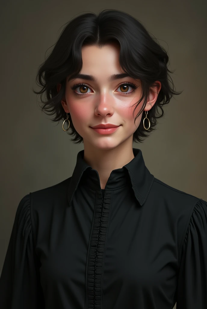 An adult nonbinary Person with Short black hair and Brown eyes. They are smiling. They wear a black Medieval shirt.