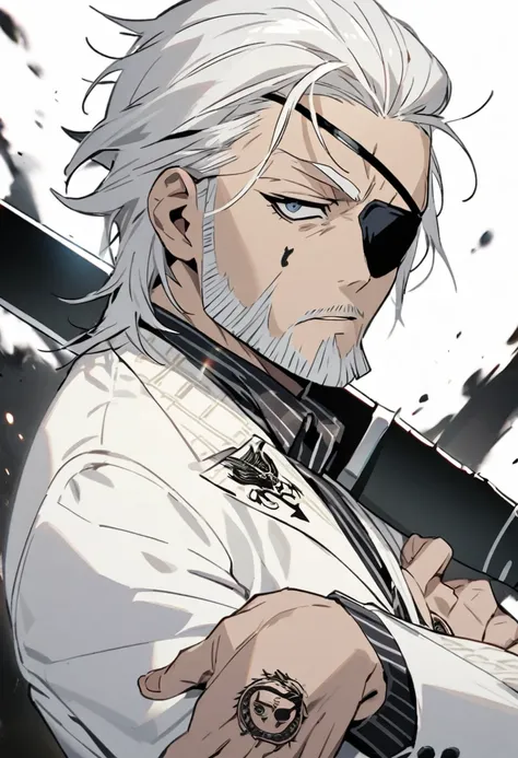 Knife a middle aged mobster with white hair an eye patch and a thin beard with a dog tattoo on his forearm, white suit, no beard. dark appearance