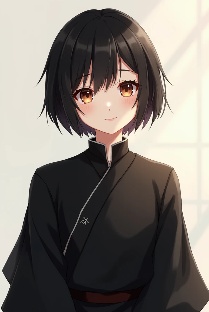 An japanese adult nonbinary Person with Short black hair and Brown eyes. They are smiling. They wear a black Medieval shirt.