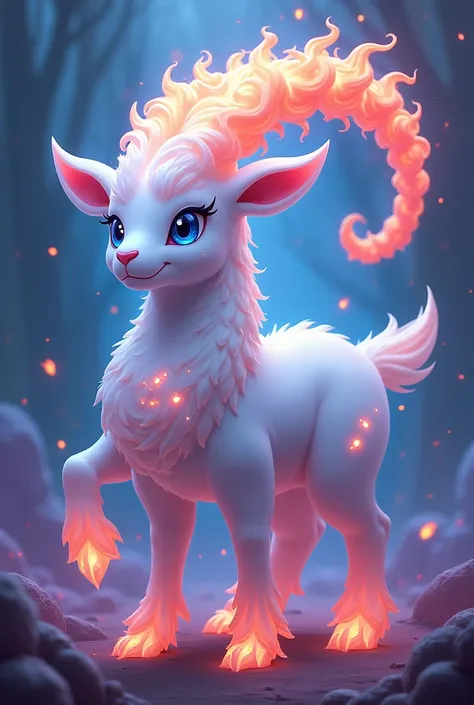 Goat Pokemon Plasma Rings on its body, long braid of fire. blue color, Violet, pink and red. Blue eyes and star core