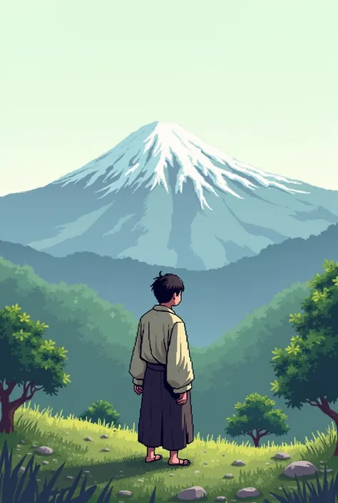 Japanese peasant looking at the horizon of mountains all in rpg game pixels