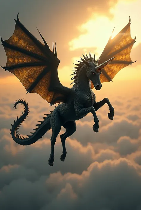 Mutated mythical creature blend of unicorn and dragon in black and gold colour flying in sky 