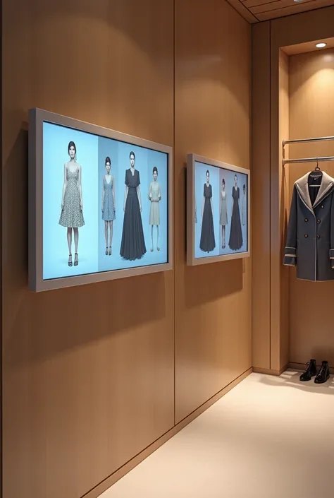 I need an image that illustrates a store fitting room equipped with smart screens. In the image, Screens should be wall mounted or integrated into the fitting room furniture, showing the option to request different sizes or colors without leaving the area....