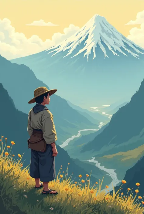 Japanese peasant looking at the horizon of mountains all in rpg pixels