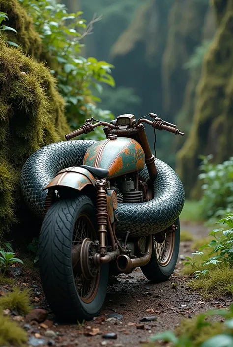 photography of an old motorbike at the end of a mossy ravine wrapped around a giant phyton snake with scale [9:16]