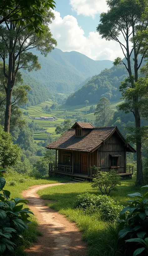 An amazing view of a picturesque wooden cottage in the middle of forest and coffee plantation in the background